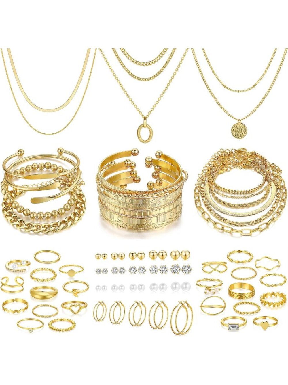 68 Pcs Gold Jewelry Set for Women - Necklaces, Bracelets, Earrings & Rings Gift